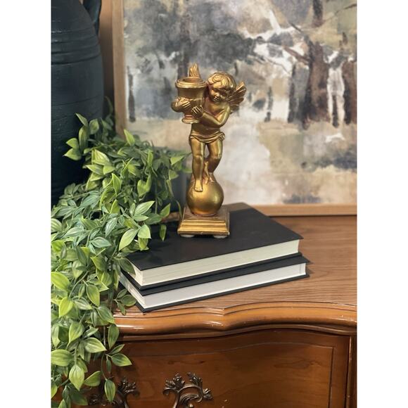 Vintage Gold Cherub Candle Holder, Ceramic, Gold Angel, Taper Candlestick Holder - Picture 8 of 9